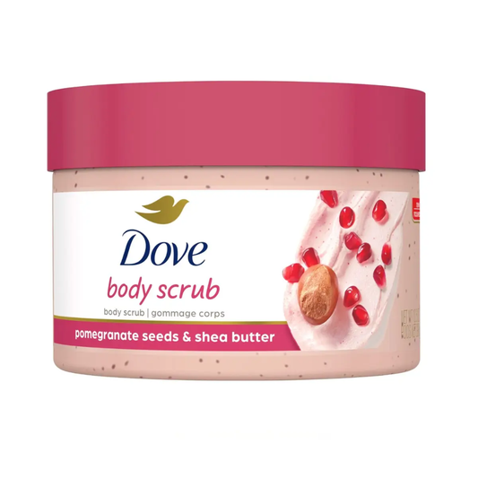 Dove Pomegranate and Shea Butter Body Scrub in 298g jar, featuring a creamy texture with pomegranate and shea butter ingredients.