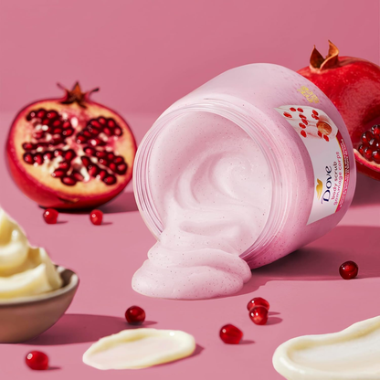 Dove Pomegranate & Shea Butter Body Scrub in a 298g jar, featuring a creamy texture with pomegranate and shea butter ingredients.