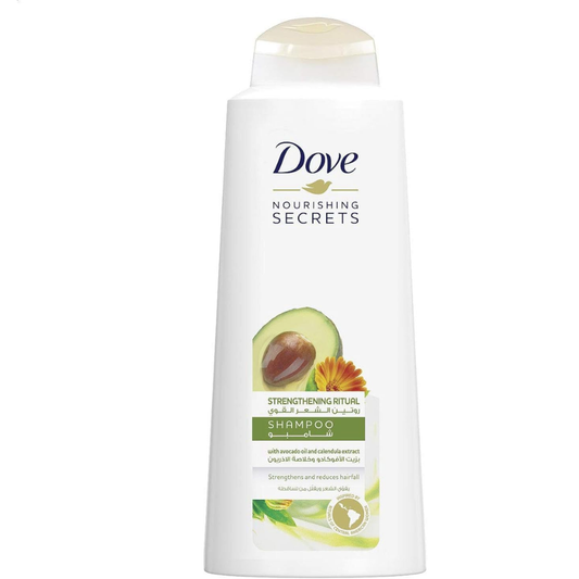 Dove Nourishing Secrets shampoo with avocado oil for hair care, showing the 600ml bottle with green and white label.