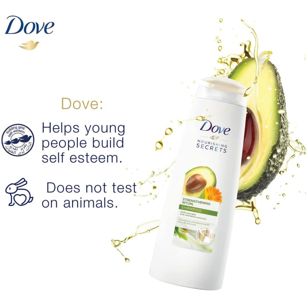 Dove Nourishing Secrets shampoo with avocado oil, 600ml bottle, for nourishing hair care and healthy hair shine.