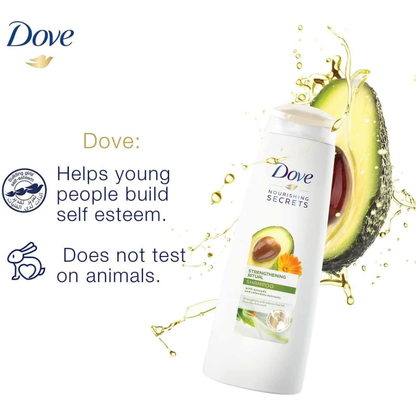 Dove Nourishing Secrets shampoo with avocado oil, 600ml bottle, for nourishing hair care and healthy hair shine.