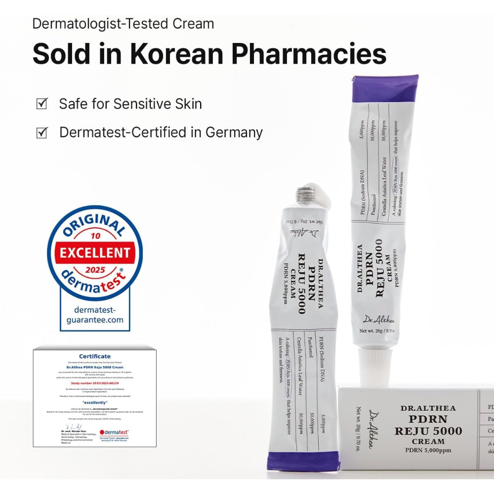 Dr. Althea PDRN 5000 Skin Repair Regenerating Cream jar showing label with 20ml size, featuring ingredients like Panthenol and Centella Asiatica.