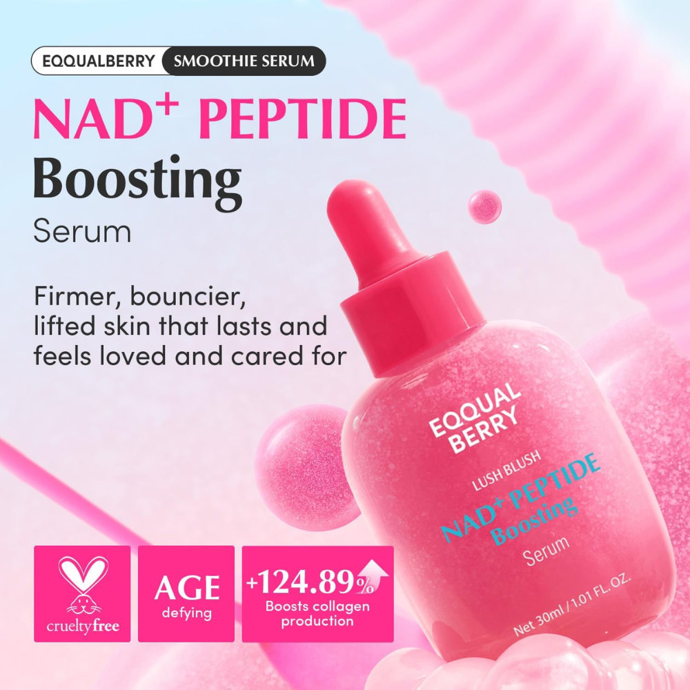 EQQUALBERRY NAD+ Peptide Boosting Smoothie Serum 30ml, facial care product with vibrant packaging and dropper applicator.