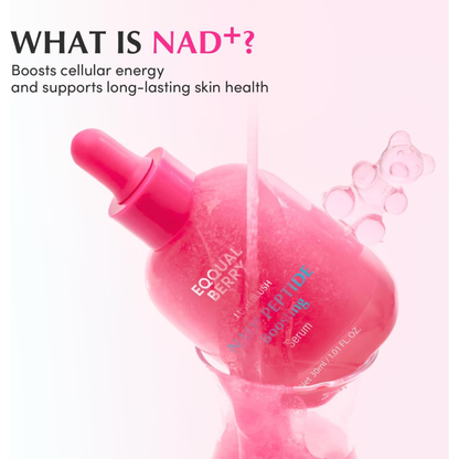 EQQUALBERRY NAD+ Peptide Boosting Smoothie Serum 30ml in a clear glass bottle, with the serum's light texture visible.
