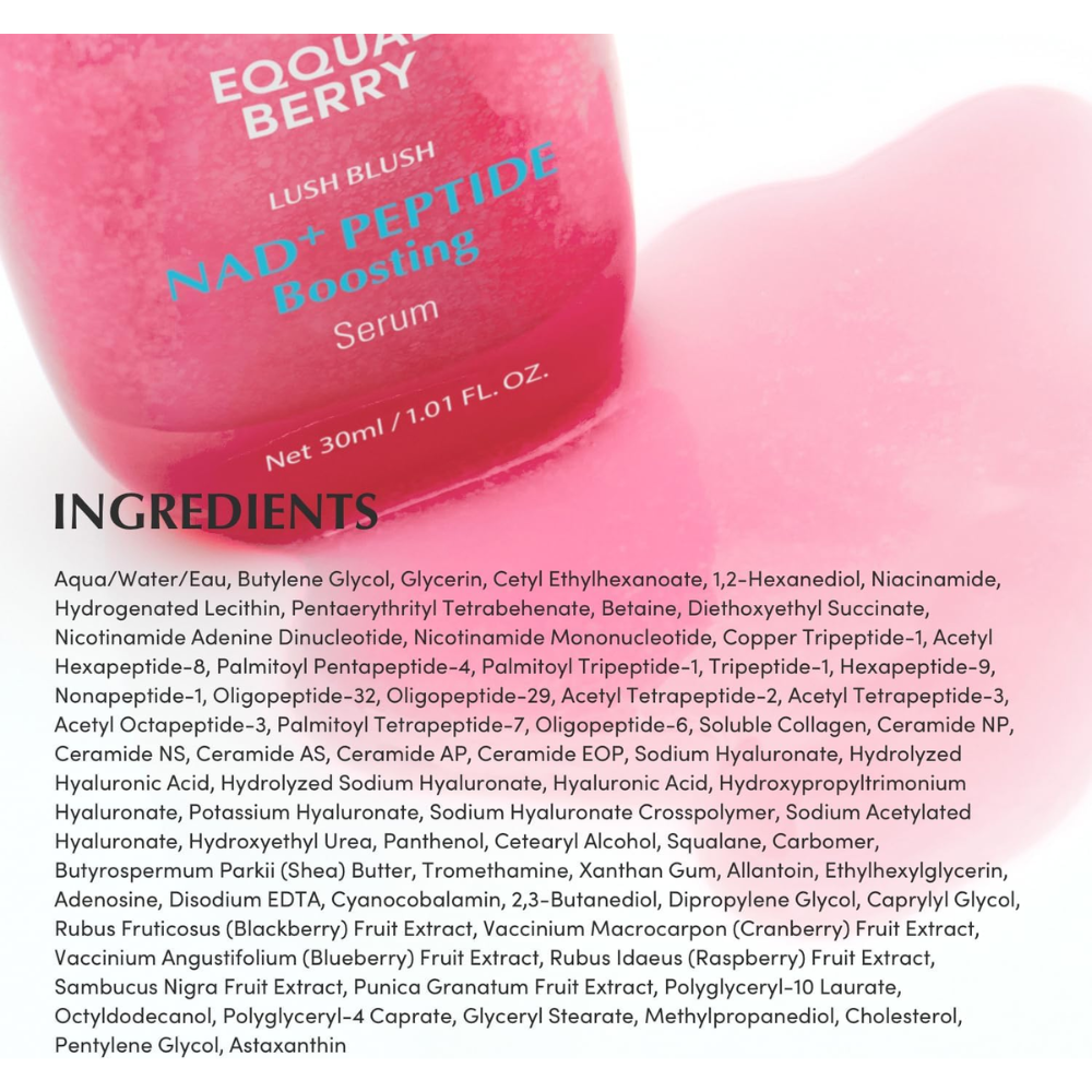 EQQUALBERRY NAD+ Peptide Boosting Serum 30ml, facial care product with a sleek bottle and modern packaging.