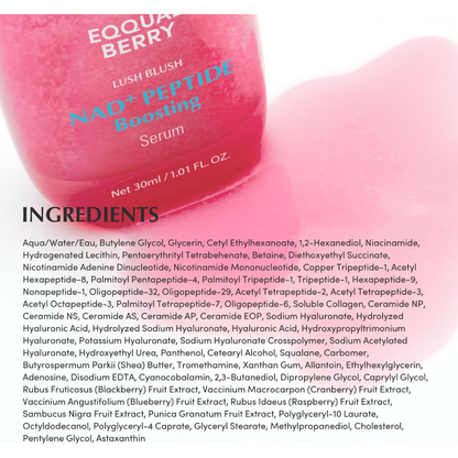 EQQUALBERRY NAD+ Peptide Boosting Serum 30ml, facial care product with a sleek bottle and modern packaging.