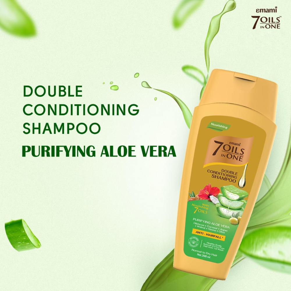 Emami 7 Oils in One double conditioning shampoo with aloe vera, 400ml, featuring a bottle of the hair care product with a green label.