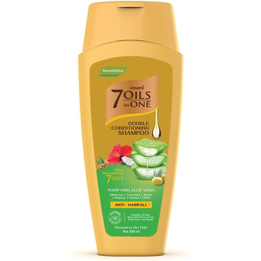 Emami 7 Oils in One Double Conditioning Shampoo with Aloe Vera, 400 ML, showcasing the shampoo bottle with green aloe vera imagery.