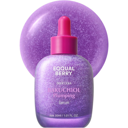 EQQUALBERRY Deep Cera Bakuchiol Plumping Serum 30ml bottle with dropper, facial skincare product on white background