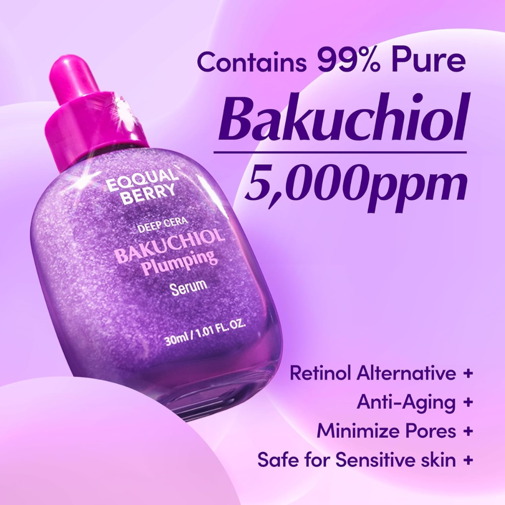 EQQUALBERRY Deep Cera Bakuchiol Plumping Serum 30ml bottle with dropper for facial skincare and hydration.