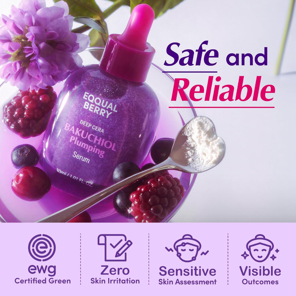 EqqualBerry Deep Cera Bakuchiol Plumping Serum 30ml in a clear bottle with a pump dispenser, designed for facial care and skin hydration.