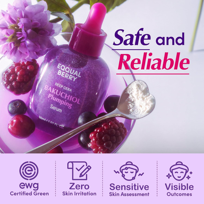 EqqualBerry Deep Cera Bakuchiol Plumping Serum 30ml in a clear bottle with a pump dispenser, designed for facial care and skin hydration.