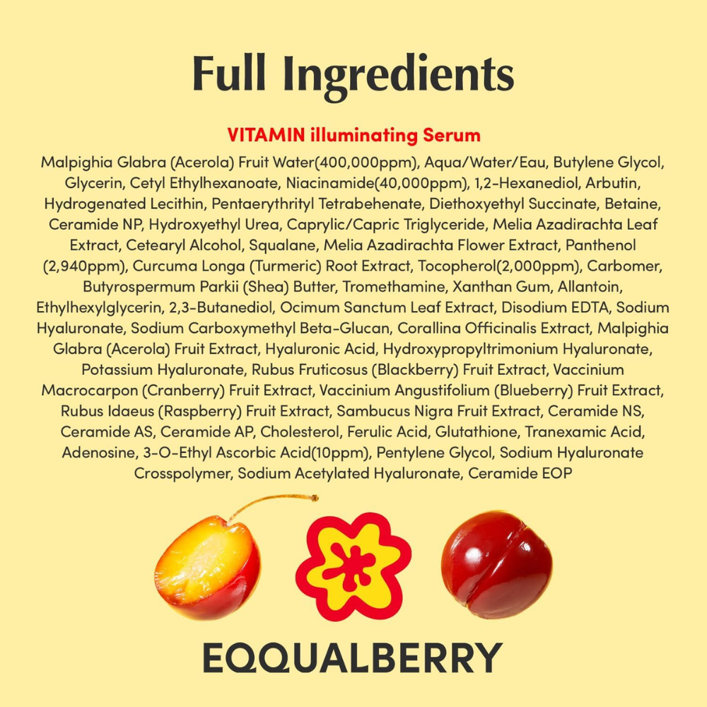 EqqualBerry Deep Cera Vitamin Illuminating Serum 30ml bottle with dropper, facial care product for radiant skin.