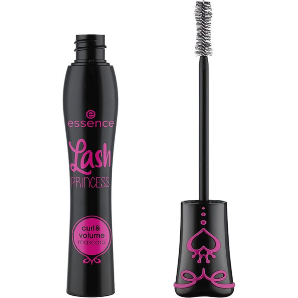 Essence Lash Princess Curl & Volume Mascara in black, 12ml, showing the mascara tube and wand on a white background.