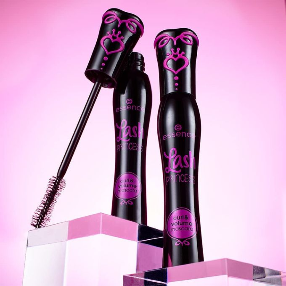 Essence Lash Princess Curl & Volume Mascara in black, 12ml, with a sleek mascara tube and brush for voluminous, curled lashes.