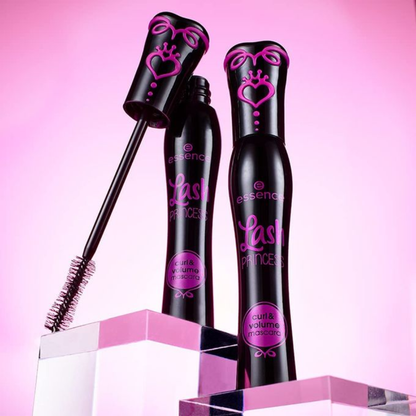 Essence Lash Princess Curl & Volume Mascara in black, 12ml, with a sleek mascara tube and brush for voluminous, curled lashes.