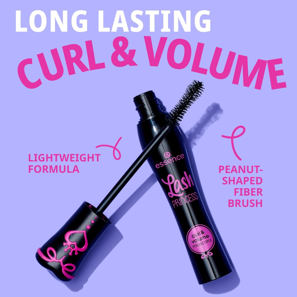 Essence Lash Princess Curl & Volume Mascara in black, 12ml, with a curved brush for defining and volumizing eyelashes.