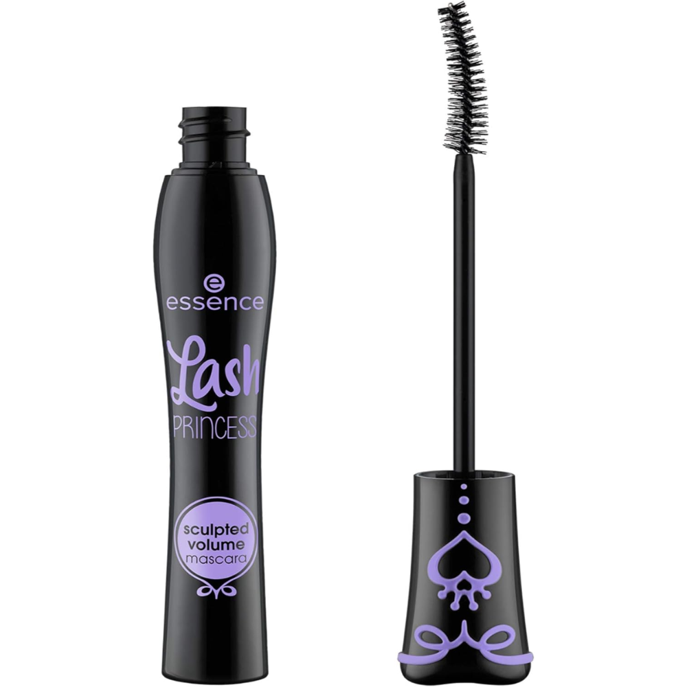 Essence Lash Princess Sculpted Volume Mascara in black, 12ml, showing the mascara wand and sleek black packaging.