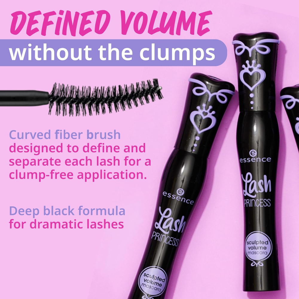 Essence Lash Princess Sculpted Volume Mascara in black, 12ml, showcasing the mascara wand and coated lashes.