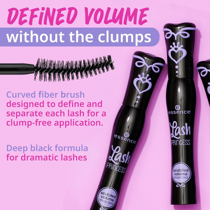 Essence Lash Princess Sculpted Volume Mascara in black, 12ml, showcasing the mascara wand and coated lashes.