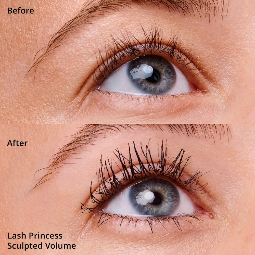 Essence Lash Princess Sculpted Volume Mascara in black applied to eyelashes, showcasing its volumizing brush and sleek packaging.