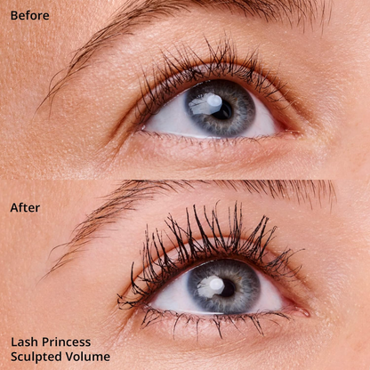 Essence Lash Princess Sculpted Volume Mascara in black applied to eyelashes, showcasing its volumizing brush and sleek packaging.