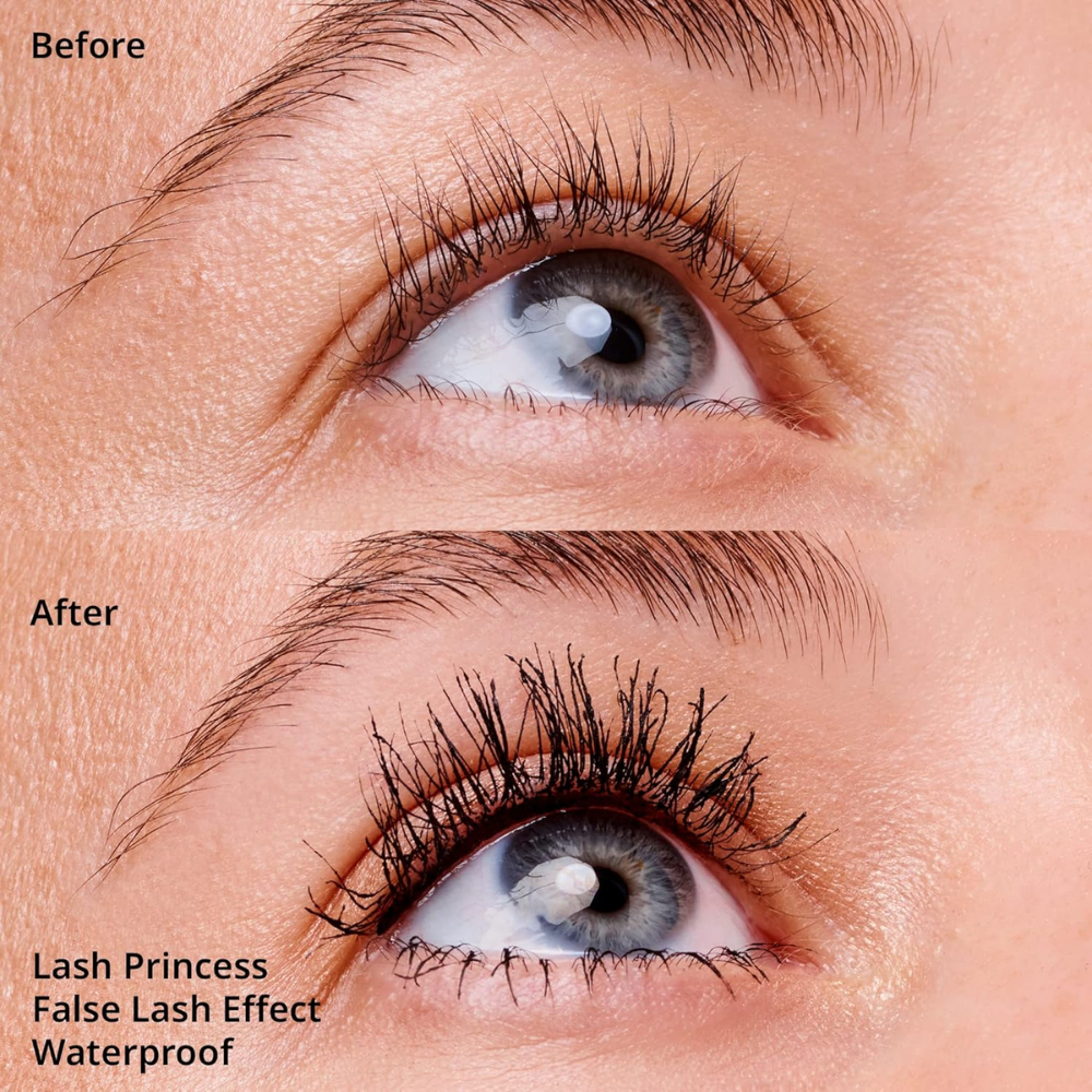 Essence Lash Princess false lash effect waterproof mascara in 12ml tube with a black and gold design, showcasing the mascara wand.