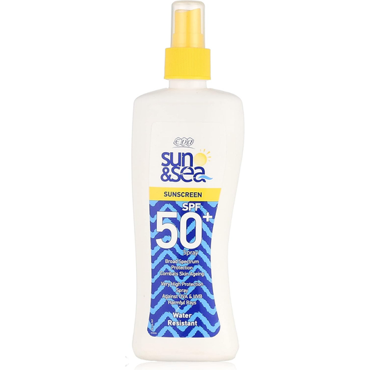 Eva Sun & Sea Sunscreen Spray SPF 50, 200ml, a body care product with spray applicator for sun protection.