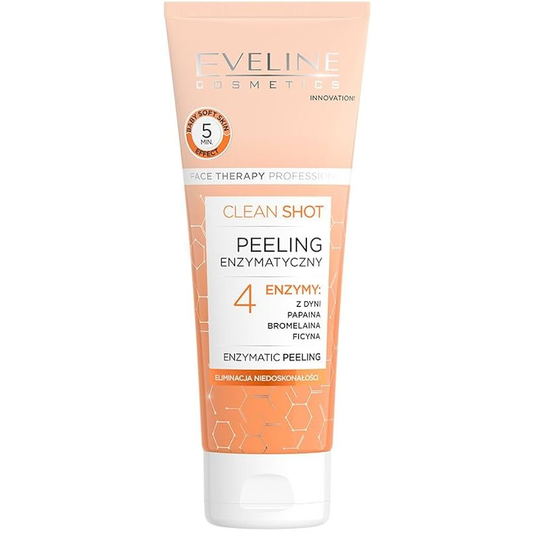 Eveline Face Therapy Clean Shot Enzymatic Peeling Gel 75ml, gentle facial exfoliator with enzyme formula for smooth skin.
