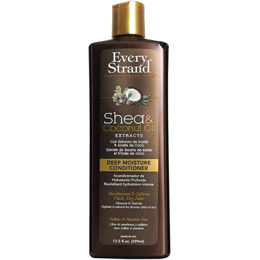 Every Strand Deep Moisture Conditioner with Shea and Coconut Oil in 399 ml bottle, showing the conditioner and natural ingredients.