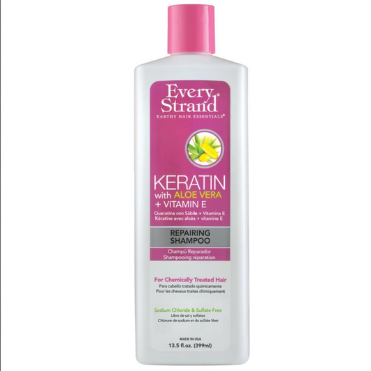 Every Strand repairing keratin shampoo with aloe vera and vitamin E in a 399ml bottle, designed for nourishing hair.