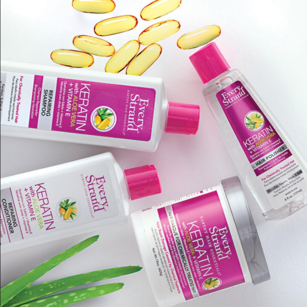 Every Strand repairing shampoo with keratin, aloe vera, and vitamin E in 399 ML bottle, for nourishing hair care.