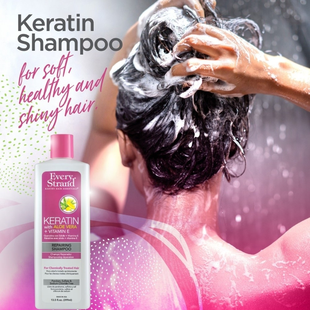 Every Strand repairing shampoo with keratin, aloe vera, and vitamin E, shown in a 399 ml bottle for hair care.