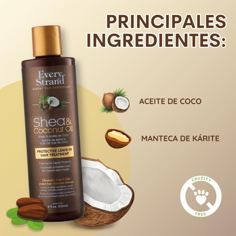 Every Strand protective leave-in hair treatment bottle with shea and coconut oil, designed for nourishing hair care.
