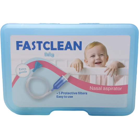 Fastclean baby nasal aspirator with soft tip and 5 protective filters, designed for gentle baby nose cleaning.