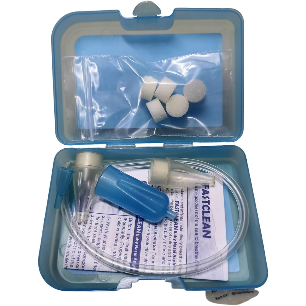 Fastclean baby nasal aspirator with soft tip and five protective filters, designed for gentle baby nose cleaning.