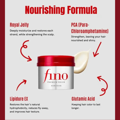 Fino Premium Touch Hair Mask 230g jar showing creamy, nourishing hair treatment for deep conditioning and hair care.