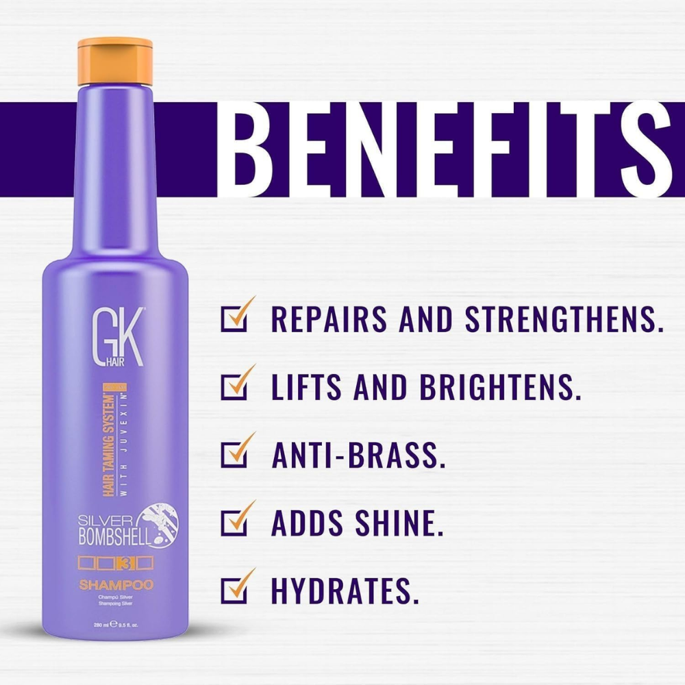 GK Hair Silver Bombshell Purple Shampoo 280ml | Color-Safe Anti-Brass Shampoo for Blonde, Silver, Grey & Highlighted Hair