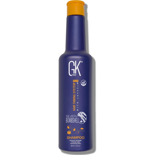 GK Hair Silver Bombshell Purple Shampoo 280ml, color-safe anti-brass shampoo for blonde, silver, grey, and highlighted hair.