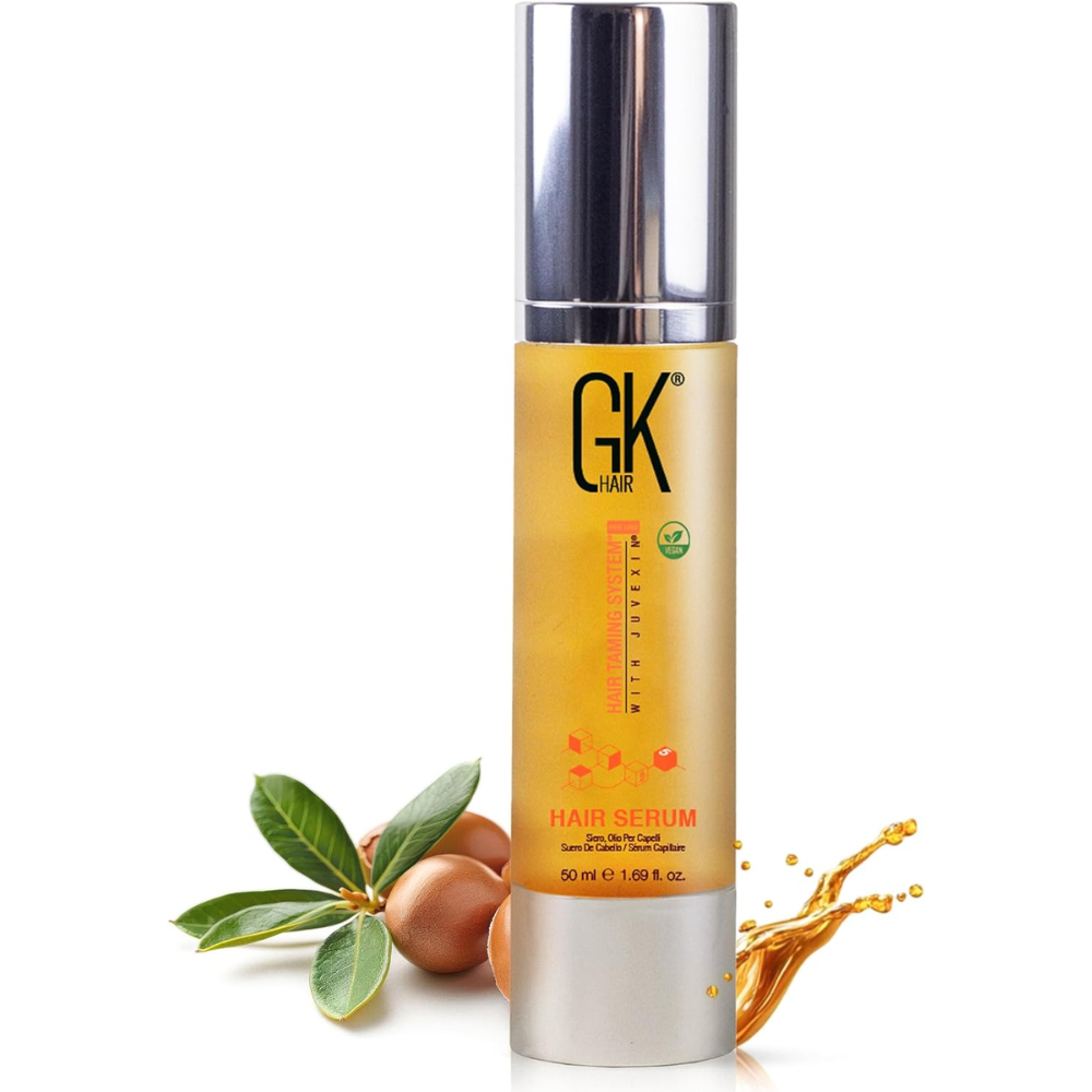 GK Hair serum in a 50ml bottle, designed for smooth, shiny hair with heat protection in a sleek hair care product.
