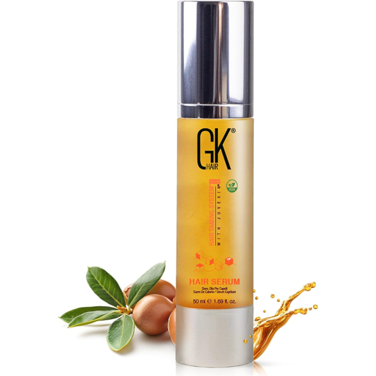 GK Hair serum in a 50ml bottle, designed for smooth, shiny hair with heat protection in a sleek hair care product.