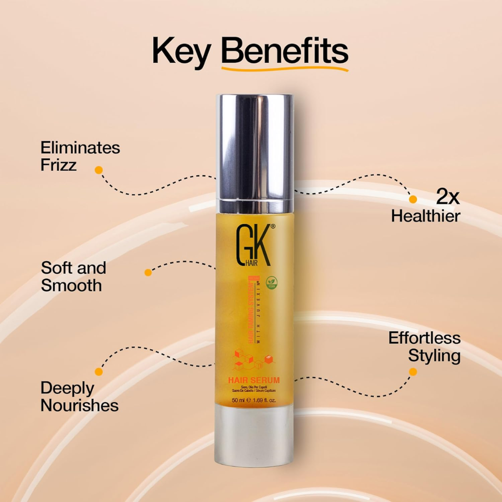 GK Hair serum in a 50ml bottle for smoother, shinier hair with heat protection, designed for healthy hair care.