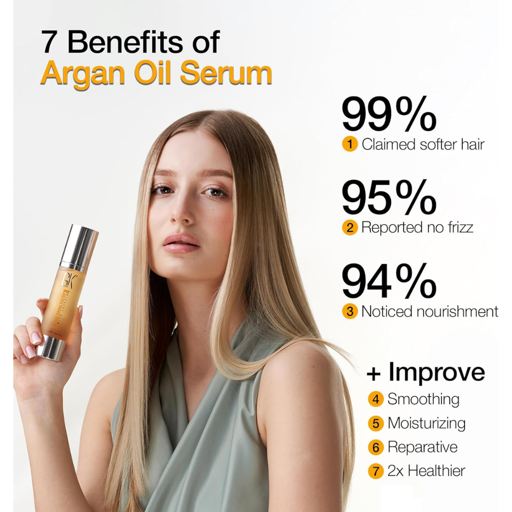 GK Hair serum in a 50ml bottle, featuring smooth, shiny hair with heat protection for healthy, frizz-free hair.