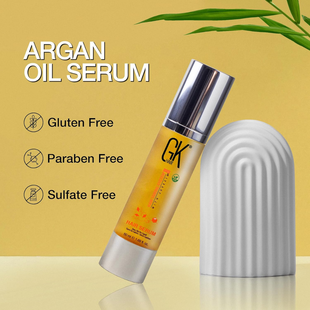 GK Hair serum in a 50ml bottle for smoothing, shine, and heat protection, ideal for sleek, healthy hair.