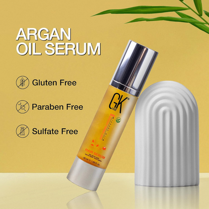 GK Hair serum in a 50ml bottle for smoothing, shine, and heat protection, ideal for sleek, healthy hair.