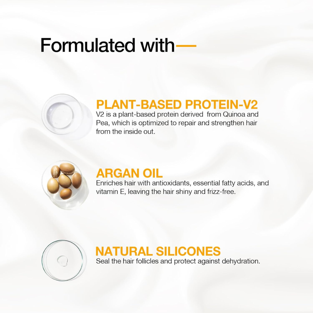 GK Hair serum in a 50ml bottle, designed for smooth, shiny hair with heat protection in a sleek hair care product image