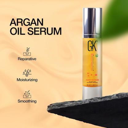 GK Hair serum in a 50ml bottle, smooths and adds shine to hair while providing heat protection.