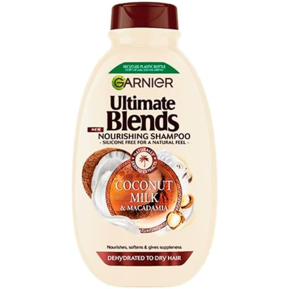 Garnier Ultra Blends Coconut Milk shampoo bottle, 400ml, for nourishing hair care with natural ingredients.