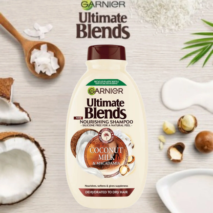 Garnier Ultra Blends Coconut Milk shampoo bottle for hair care, 400ml with a coconut and milk-themed label.