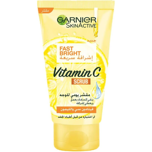 Garnier Fast Bright Vitamin C Daily Scrub in 50ml tube, facial care product with brightening exfoliation for radiant skin.